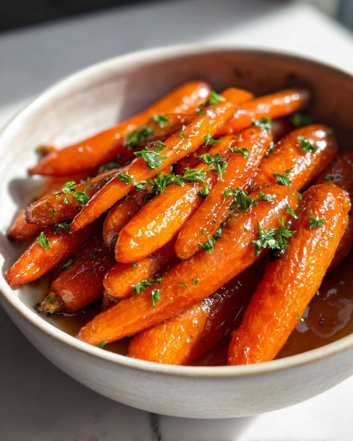 Close-up of tender Roasted Carrots Hot Honey Butter, glazed and topped with fresh parsley in a light ceramic bowl.