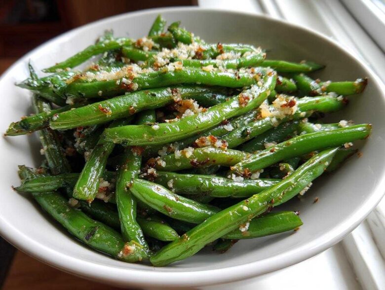 Close-up of bright green Roasted Garlic Parmesan Green Beans topped with crispy garlic and cheese in a white bowl.