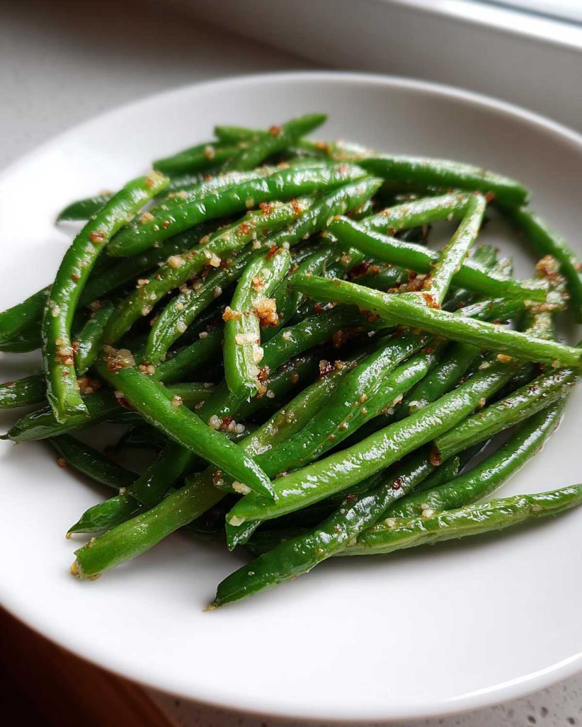 A close-up of bright green Roasted Garlic Parmesan Green Beans piled on a white plate.