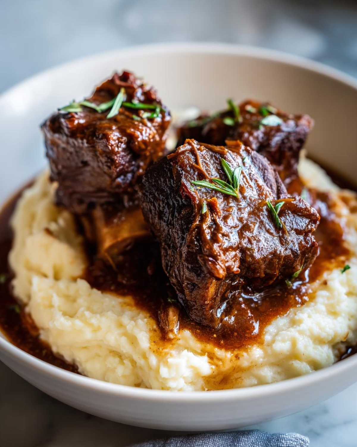 Three tender Slow Cooker Beef Short Ribs smothered in rich gravy served atop a bed of creamy mashed potatoes.