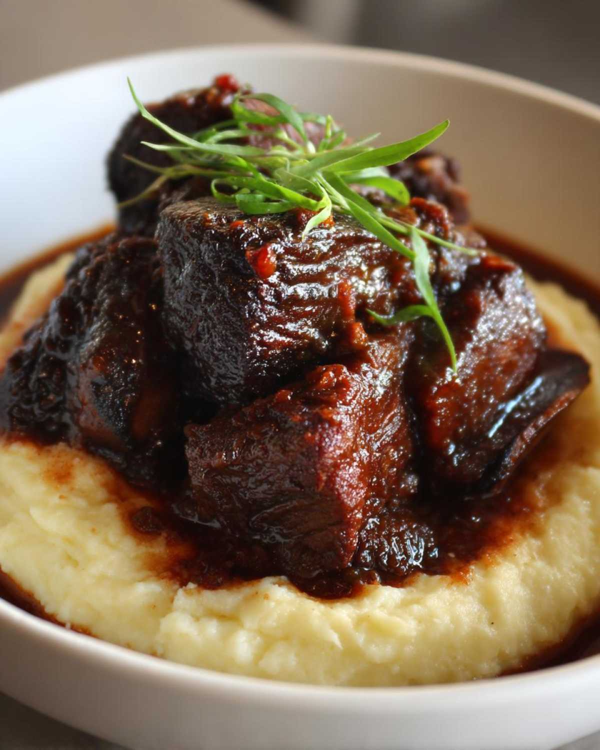 Rich, dark Slow Cooker Beef Short Ribs served over a bed of creamy mashed potatoes and garnished with green herbs.