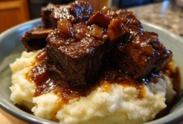 Close-up of tender Slow Cooker Beef Short Ribs smothered in rich gravy served over creamy mashed potatoes in a bowl.
