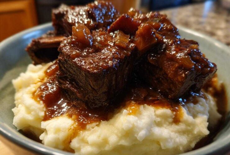 Close-up of tender Slow Cooker Beef Short Ribs smothered in rich gravy served over creamy mashed potatoes in a bowl.