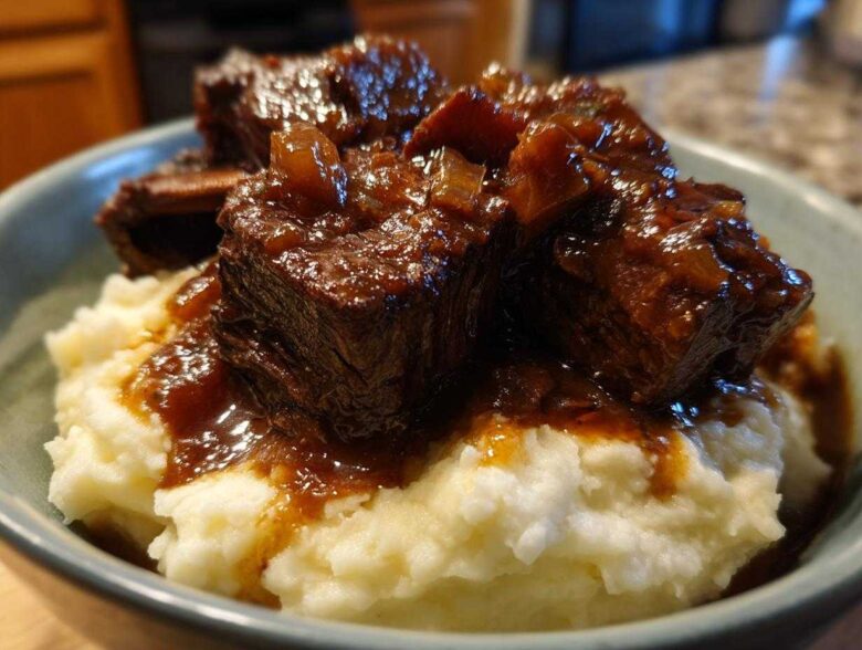 Close-up of tender Slow Cooker Beef Short Ribs smothered in rich gravy served over creamy mashed potatoes in a bowl.