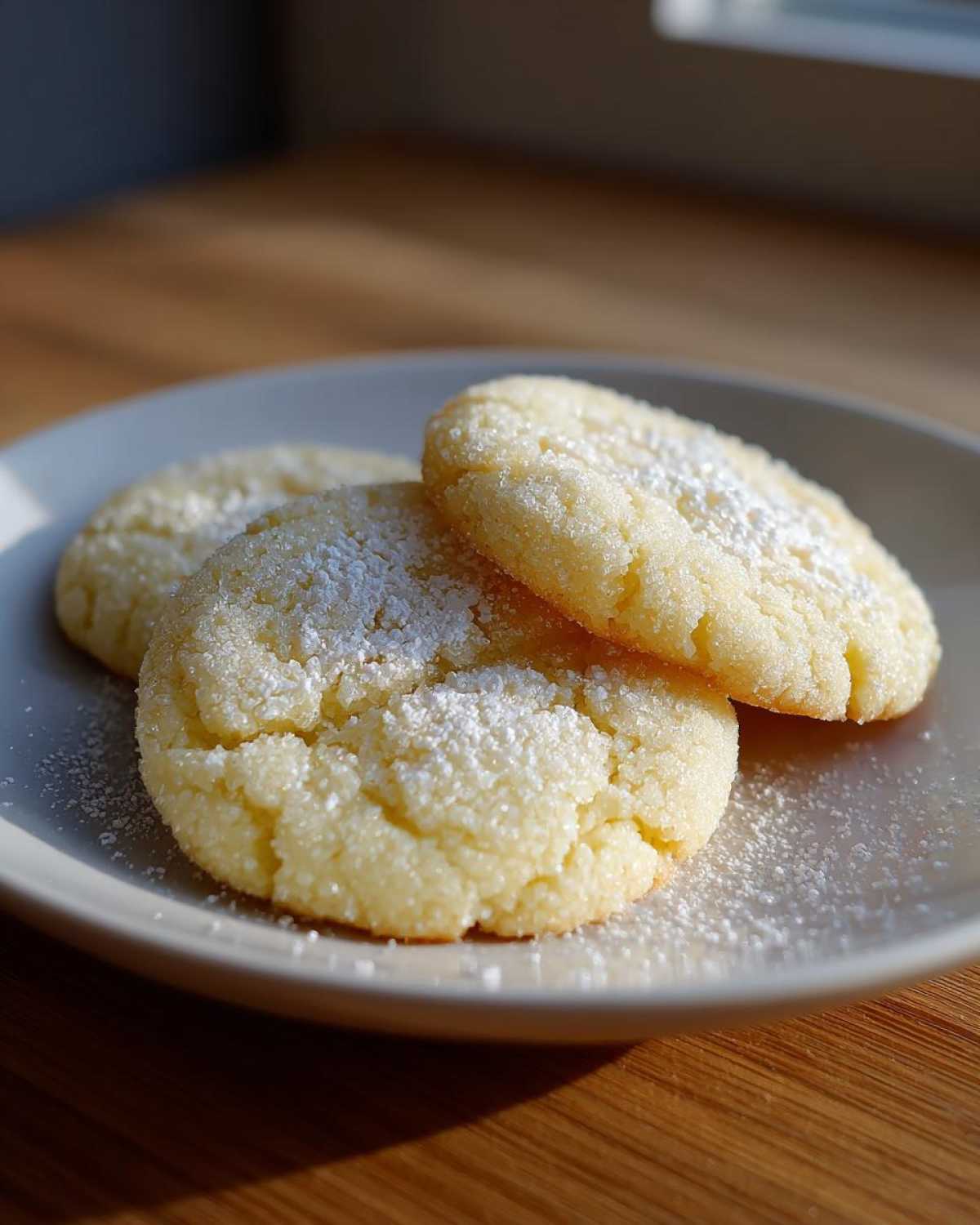 Three Soft & Chewy Lemon Sugar Cookies dusted with powdered sugar, resting on a pale gray plate.