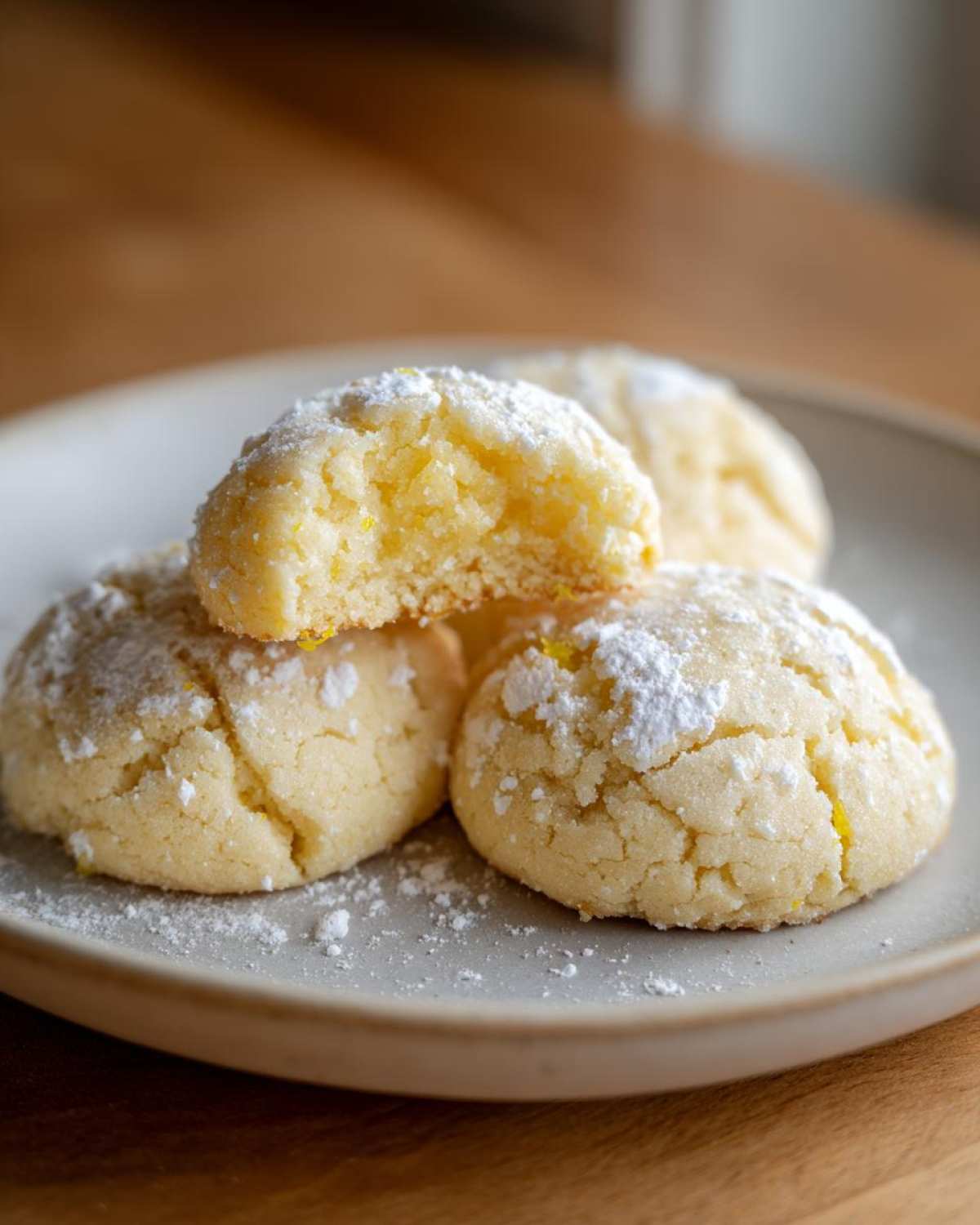 Close-up of several Soft & Chewy Lemon Sugar Cookies dusted with powdered sugar on a plate, one is broken open.