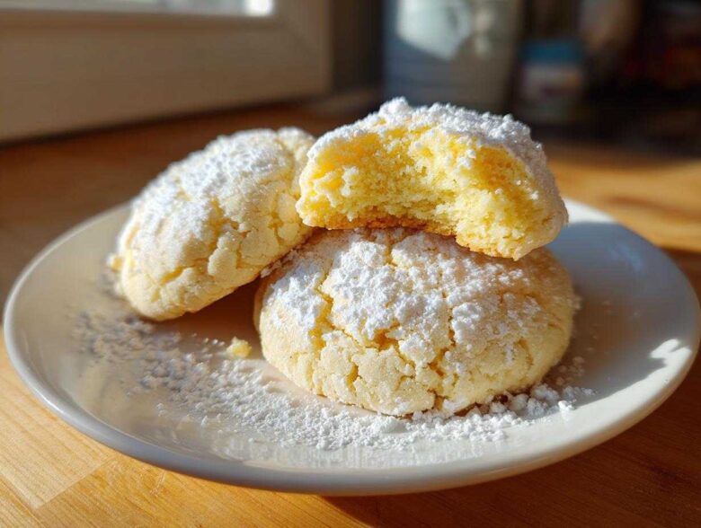 Three Soft & Chewy Lemon Sugar Cookies dusted heavily with powdered sugar on a white plate.