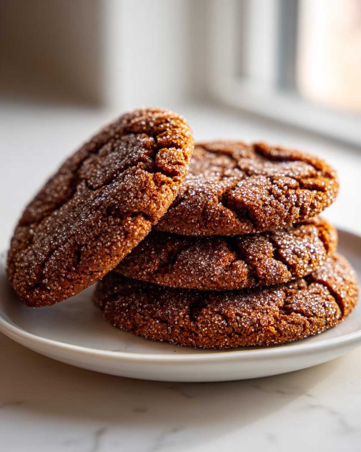 A stack of four dark, crinkled Soft & Chewy Molasses Cookies coated in sparkling sugar, resting on a white plate.