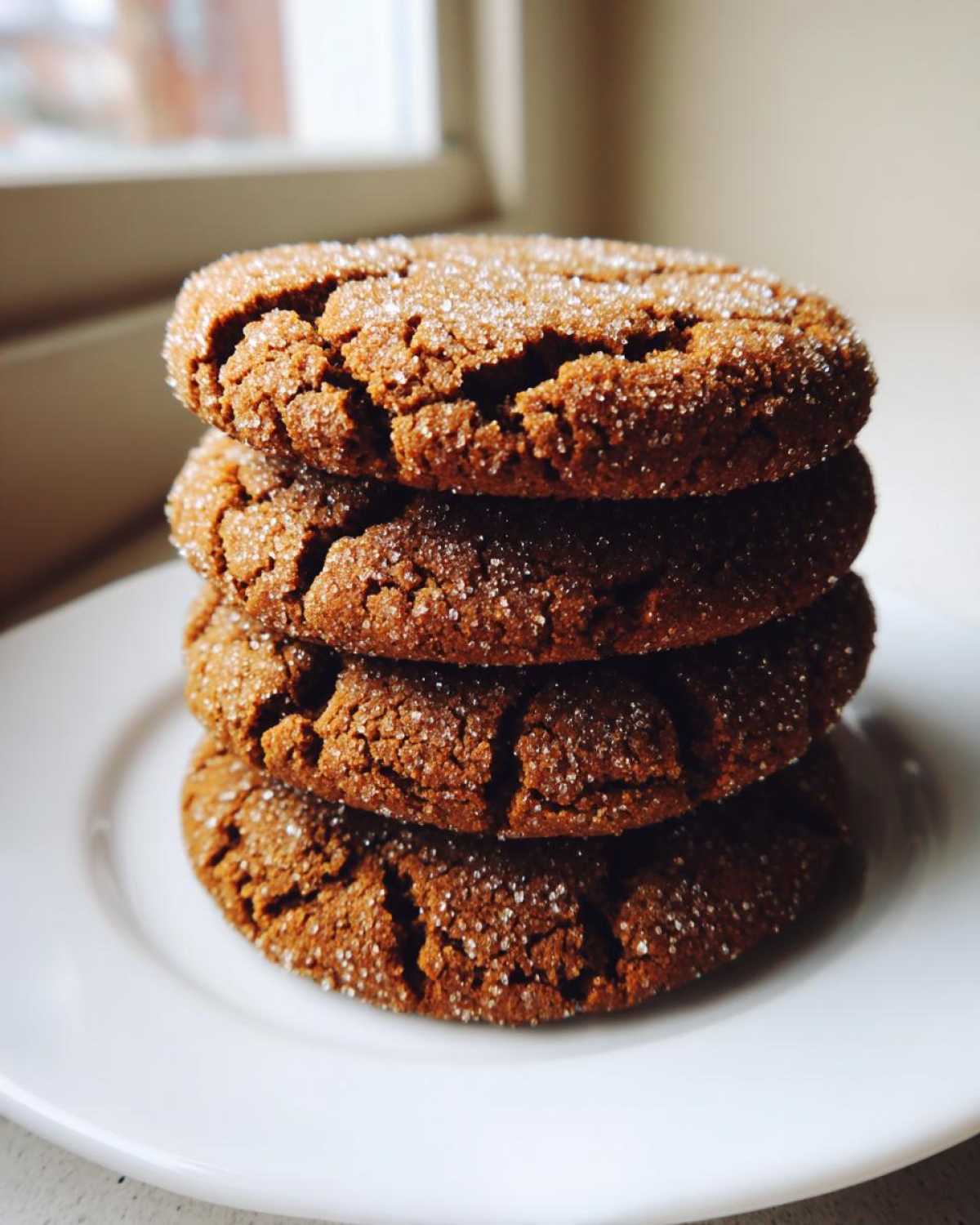 A stack of four dark, crinkly Soft & Chewy Molasses Cookies coated in sparkling sugar crystals.