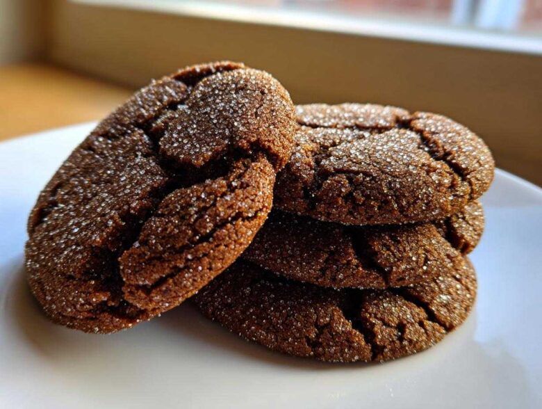 A close-up stack of four dark brown, crinkled Soft & Chewy Molasses Cookies generously coated in sparkling granulated sugar.