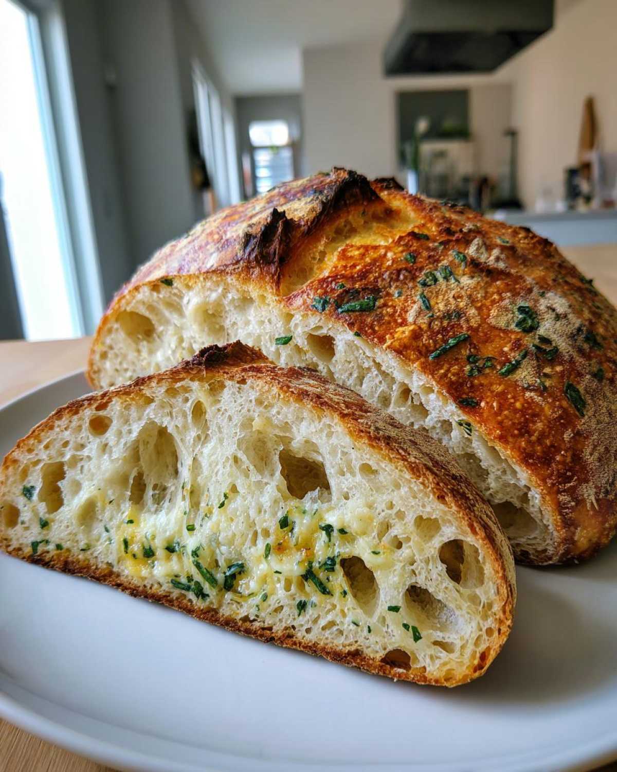 Cross-section of a Sourdough Artisan Loaf Recipe With Italian Herbs and Cheese For Flavor, showing open crumb and melted cheese filling.