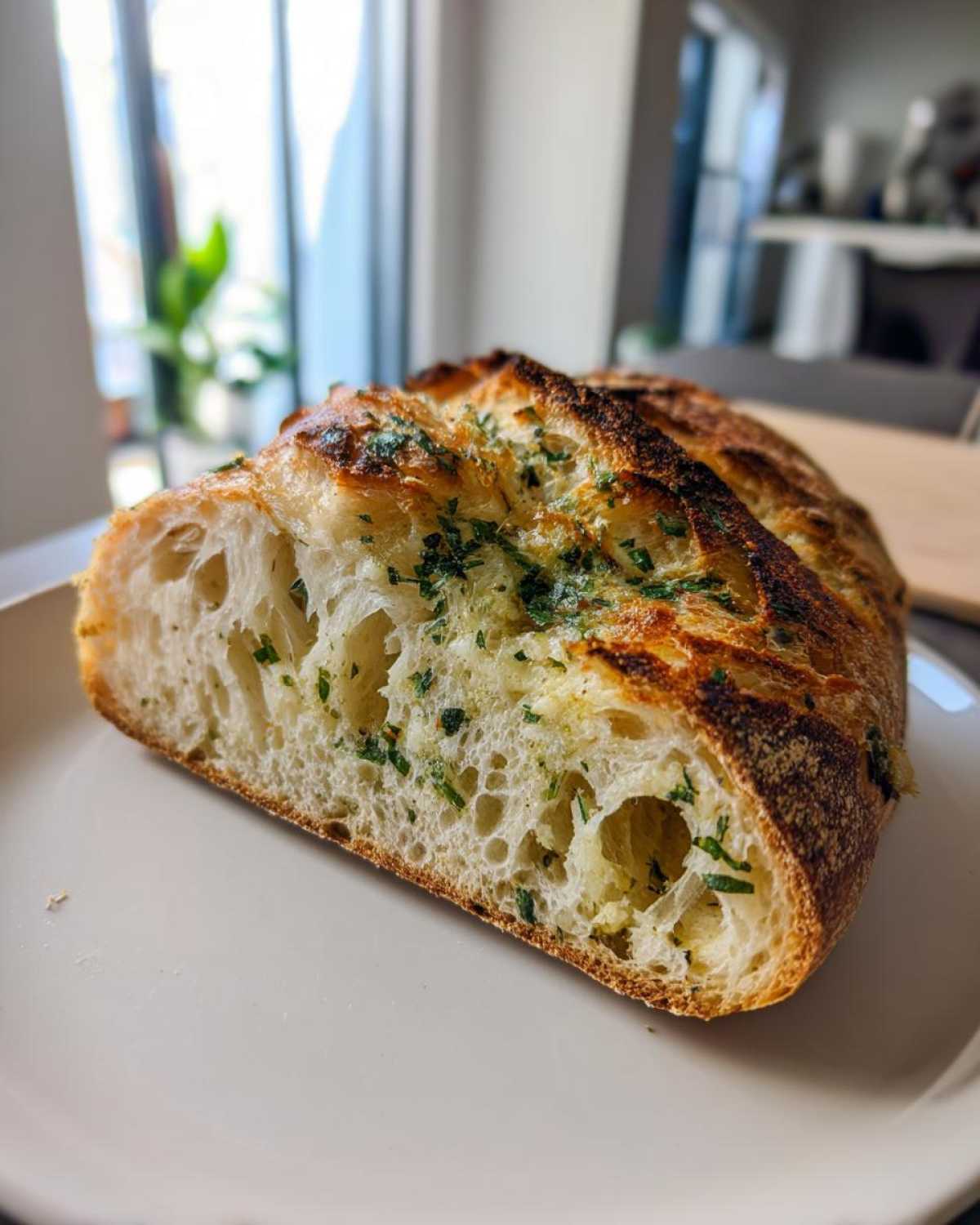 Cross-section of a Sourdough Artisan Loaf Recipe With Italian Herbs and Cheese For Flavor, showing open crumb and herb topping.
