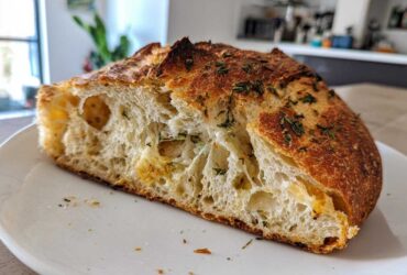 Close-up of a slice showing the open crumb structure of the Sourdough Artisan Loaf Recipe With Italian Herbs and Cheese.