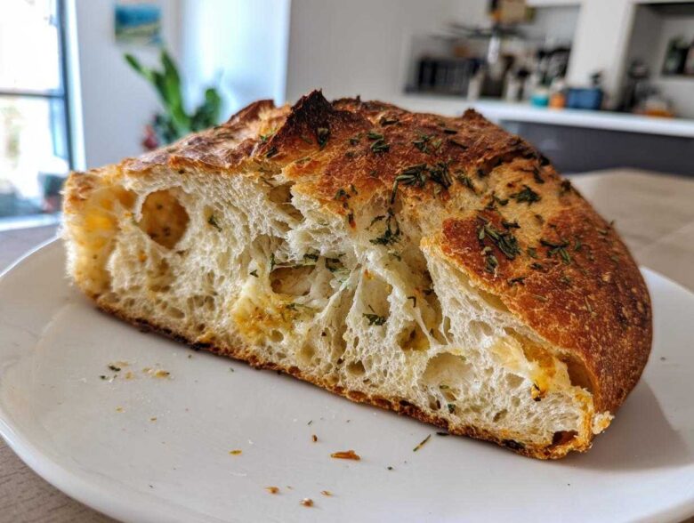 Close-up of a slice showing the open crumb structure of the Sourdough Artisan Loaf Recipe With Italian Herbs and Cheese.