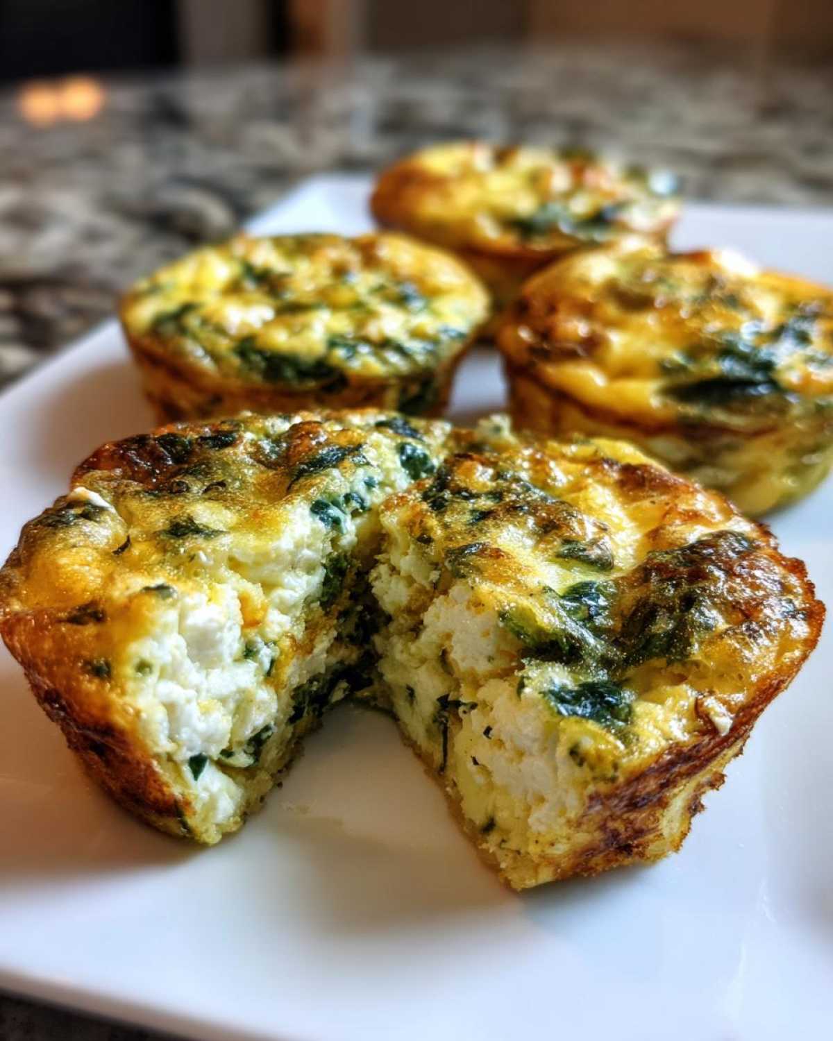 A close-up view of a spinach and feta Breakfast Mini Quiche cut in half, showing the fluffy interior, with more quiches blurred in the background.