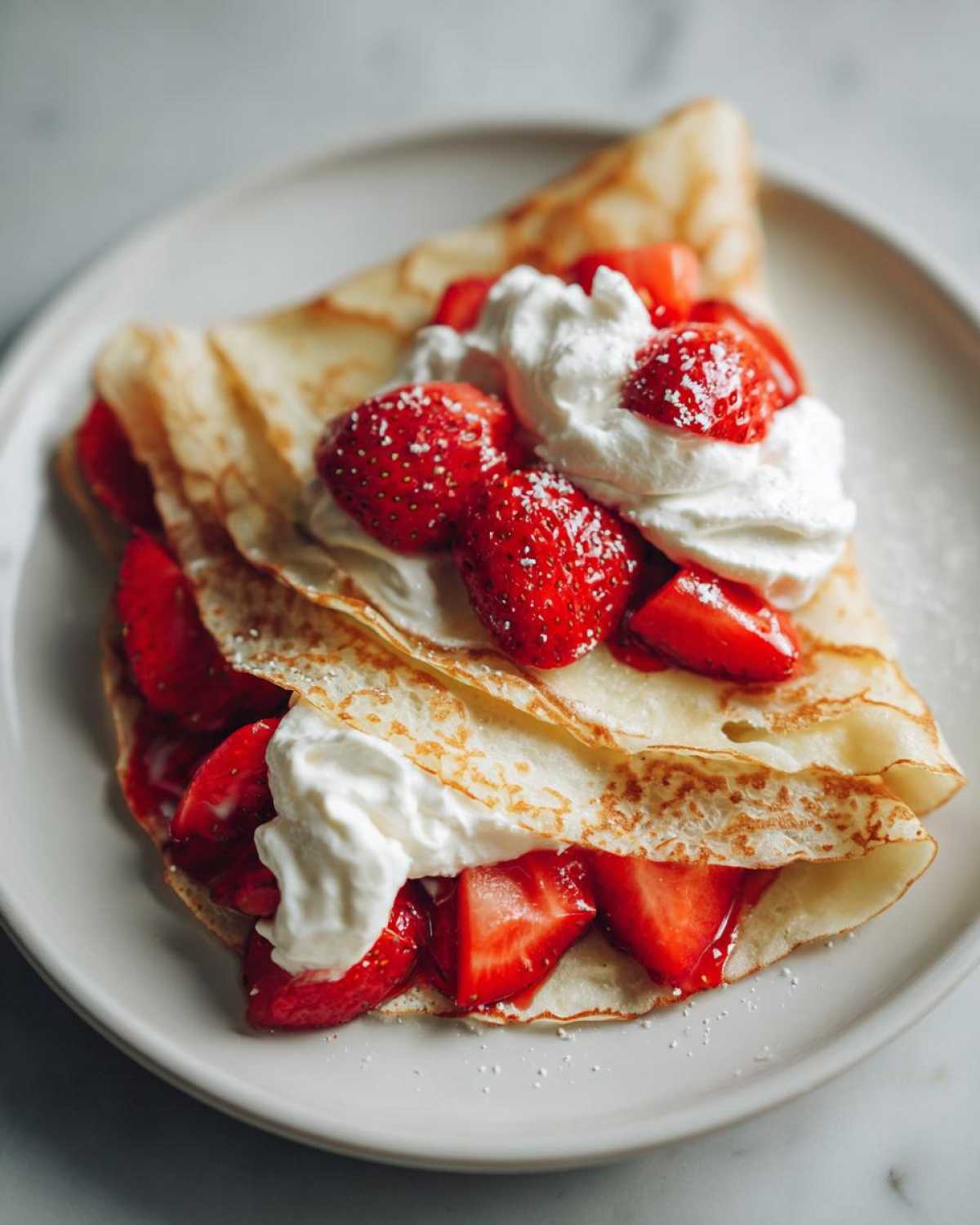 A folded crepe filled with sliced strawberries and topped with whipped cream and powdered sugar, showcasing the Strawberry Crepes with Whipped Cream.
