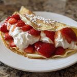 A folded crepe filled generously with sliced strawberries and whipped cream, dusted with powdered sugar, ready to eat.