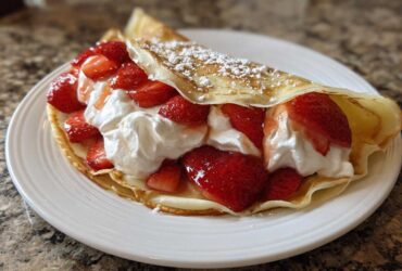 A folded crepe filled generously with sliced strawberries and whipped cream, dusted with powdered sugar, ready to eat.