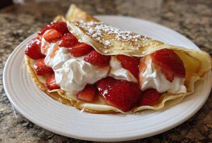 A folded crepe filled generously with sliced strawberries and whipped cream, dusted with powdered sugar, ready to eat.