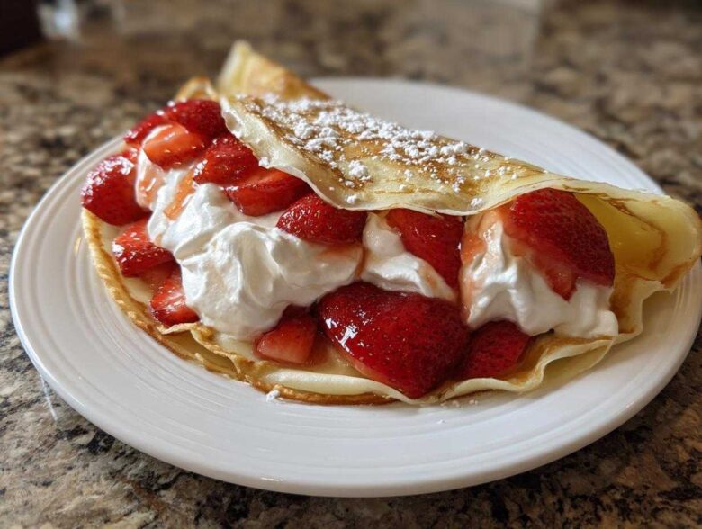 A folded crepe filled generously with sliced strawberries and whipped cream, dusted with powdered sugar, ready to eat.
