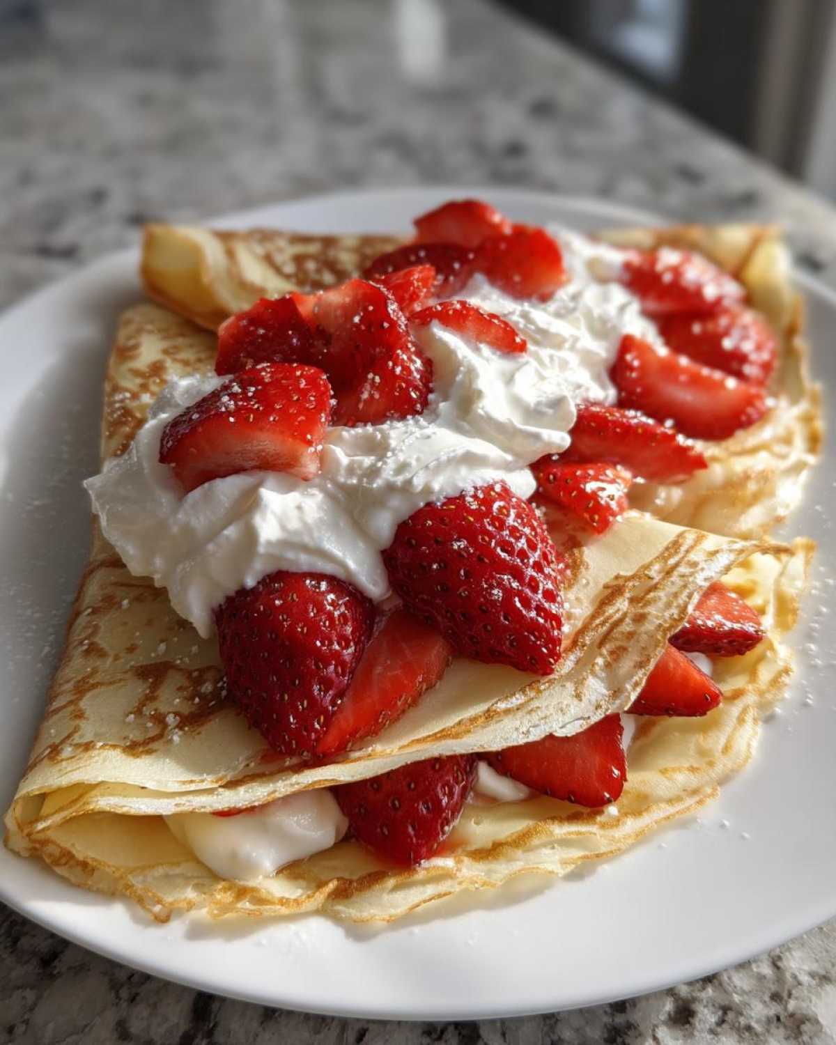 Two folded Strawberry Crepes with Whipped Cream and sliced fresh strawberries dusted with powdered sugar.