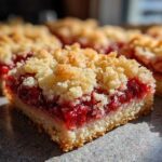 A close-up, sunlit shot of a square of Strawberry Shortcake Bars featuring a thick layer of bright red strawberry filling and a crumbly topping.