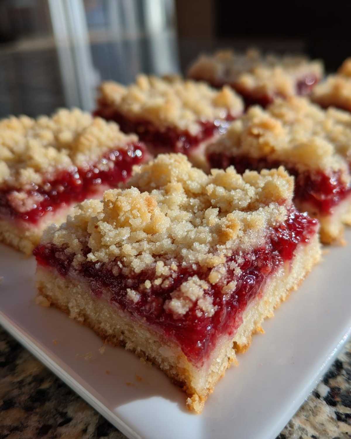 A close-up view of several square Strawberry Shortcake Bars with a thick layer of bright red strawberry filling and a crumbly topping.