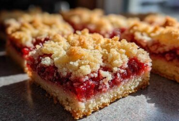 A close-up, sunlit shot of a square of Strawberry Shortcake Bars featuring a thick layer of bright red strawberry filling and a crumbly topping.
