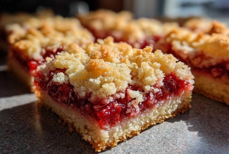 A close-up, sunlit shot of a square of Strawberry Shortcake Bars featuring a thick layer of bright red strawberry filling and a crumbly topping.