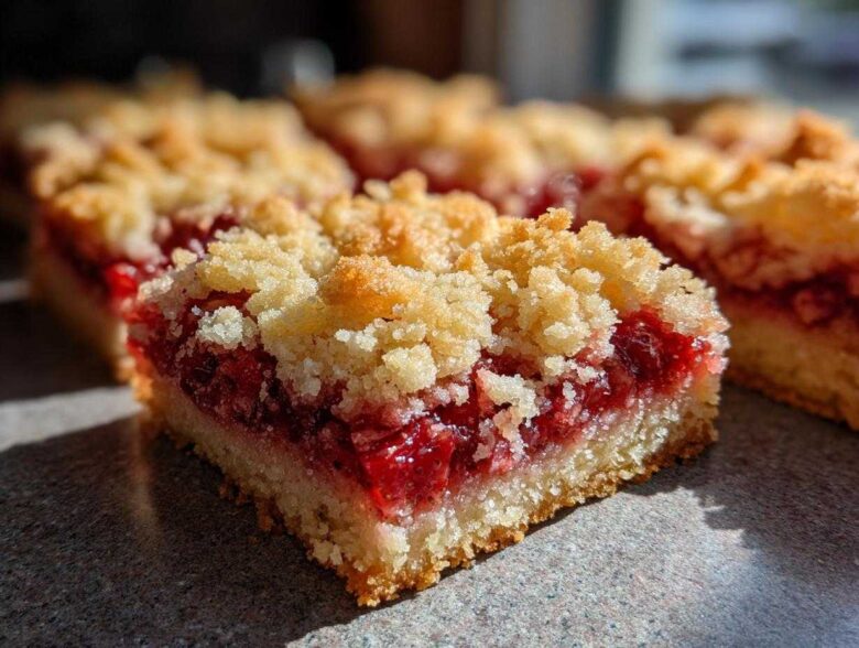 A close-up, sunlit shot of a square of Strawberry Shortcake Bars featuring a thick layer of bright red strawberry filling and a crumbly topping.