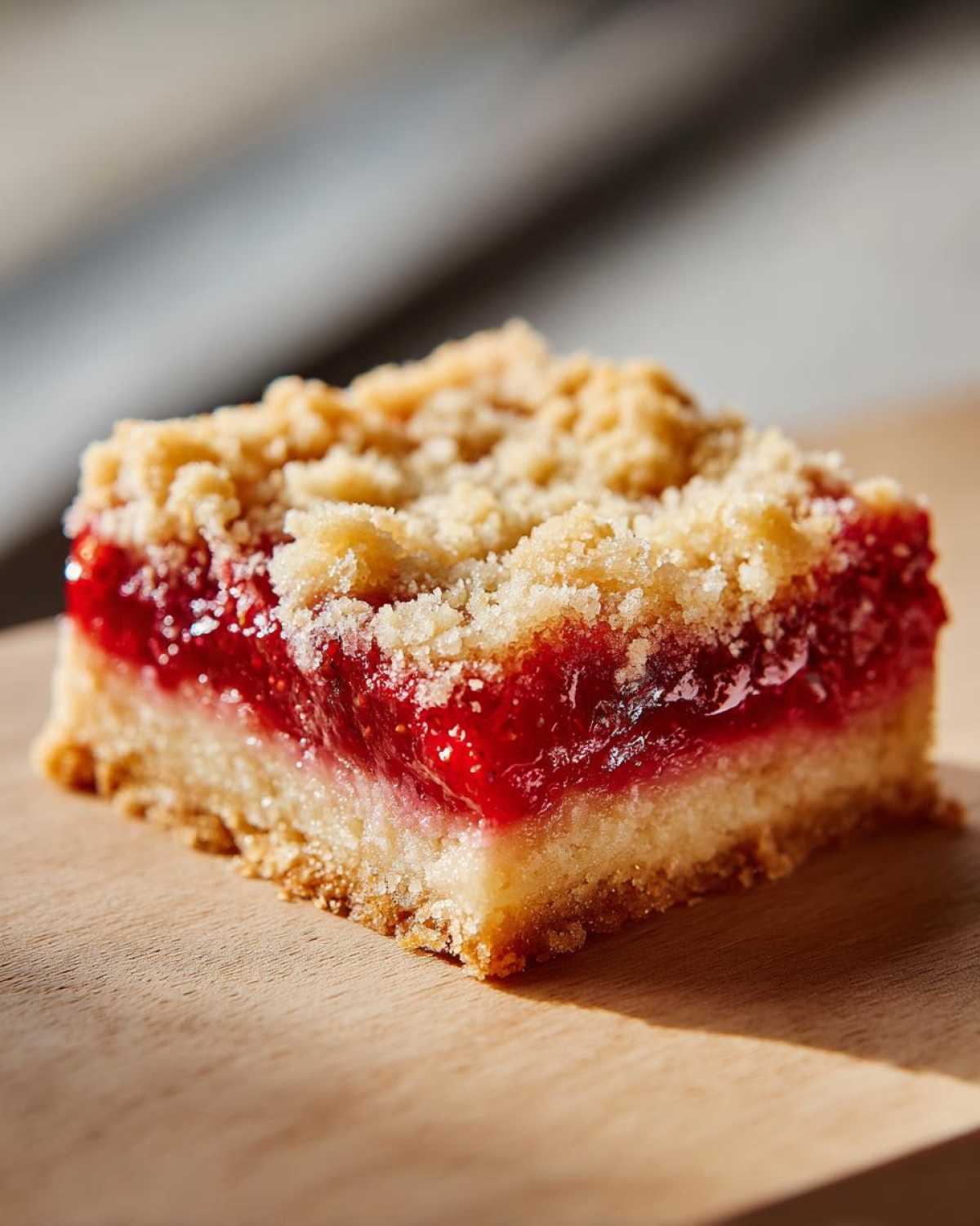 A close-up, sunlit photo of a single serving of Strawberry Shortcake Bars showing a thick strawberry filling and crumb topping.