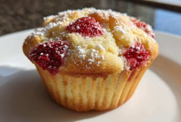 A close-up of a freshly baked Strawberry Shortcake Muffins Recipe Easy 5-Minute Snack Idea dusted with powdered sugar.