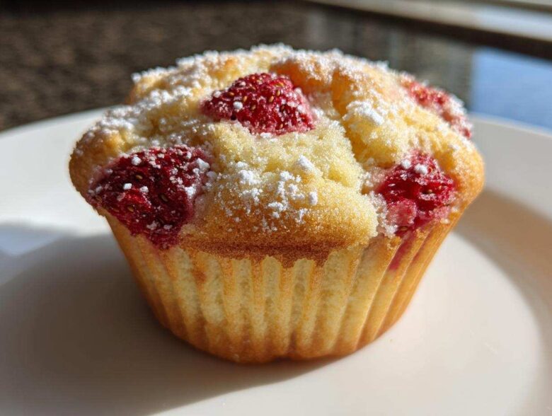 A close-up of a freshly baked Strawberry Shortcake Muffins Recipe Easy 5-Minute Snack Idea dusted with powdered sugar.