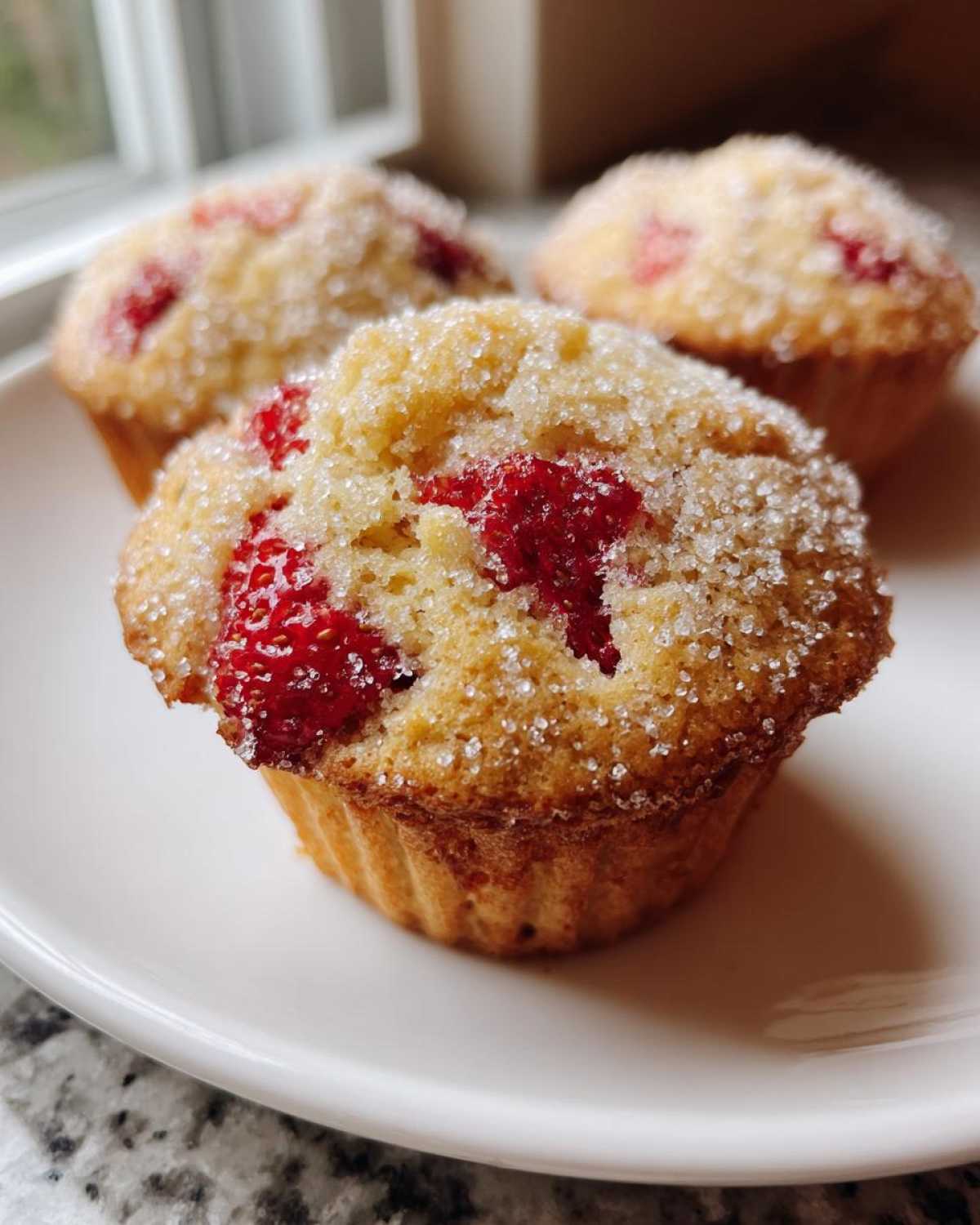 Three freshly baked Strawberry Shortcake Muffins topped with coarse sugar, sitting on a white plate.
