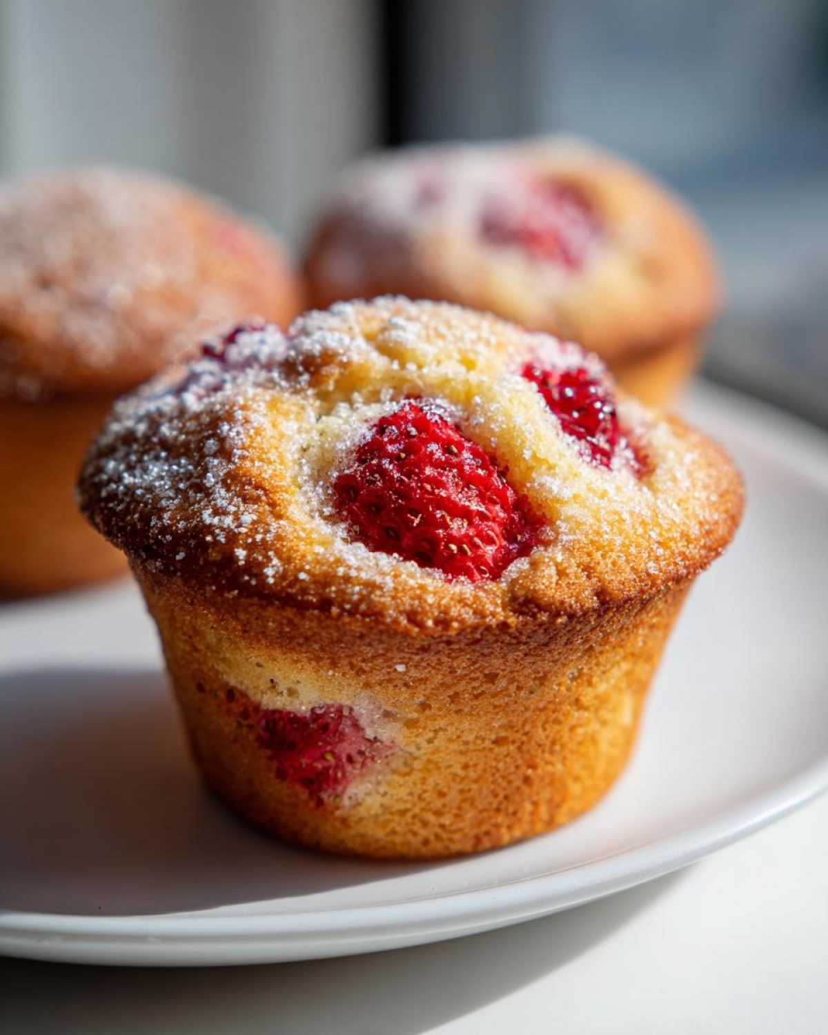 A close-up of a freshly baked Strawberry Shortcake Muffins, topped with strawberries and dusted with sugar.