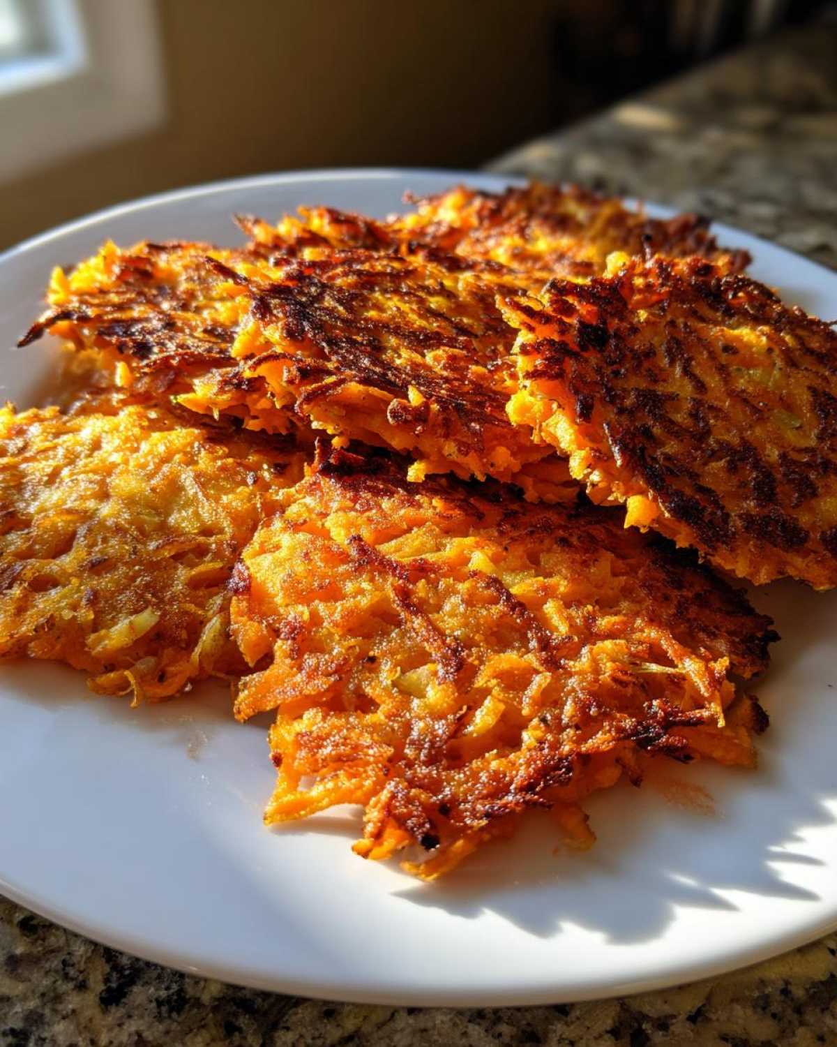 Close-up of several crispy, golden-brown Sweet Potato Apple Hashbrowns piled on a white plate.
