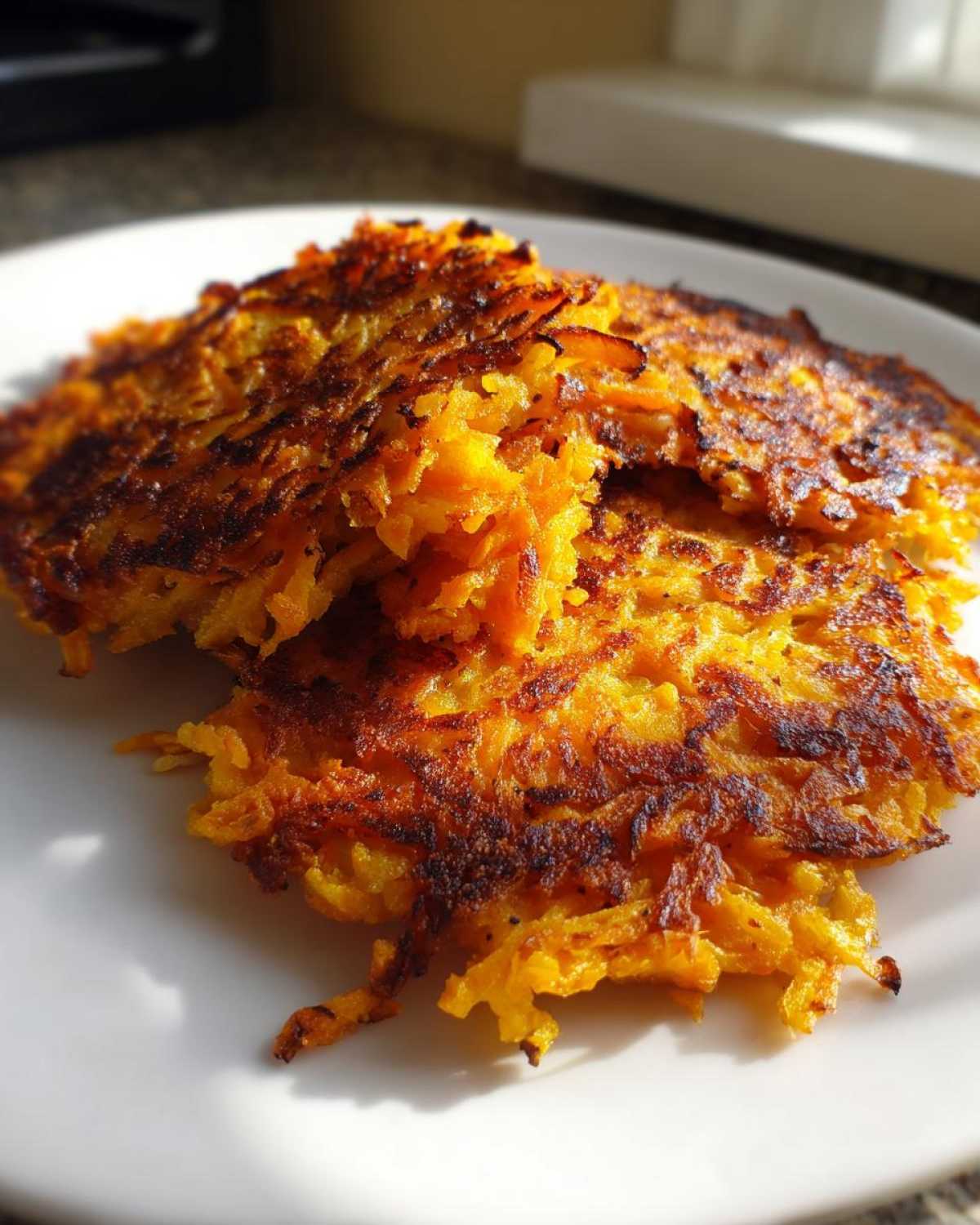 Close-up of two crispy, golden-brown Sweet Potato Apple Hashbrowns piled on a white plate.