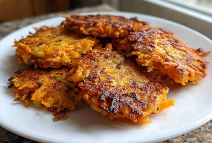 A stack of crispy, golden-brown Sweet Potato Apple Hashbrowns served on a white plate.