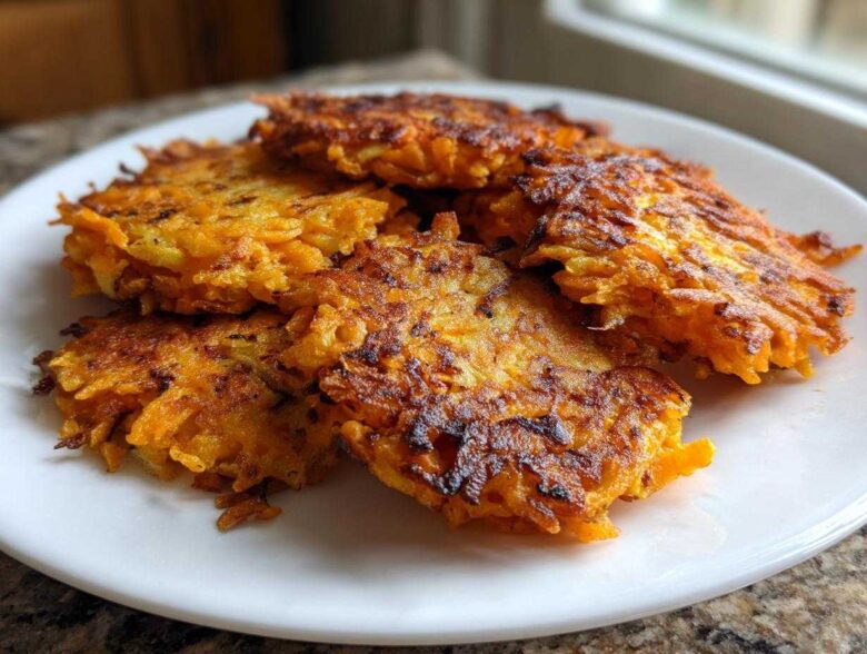 A stack of crispy, golden-brown Sweet Potato Apple Hashbrowns served on a white plate.