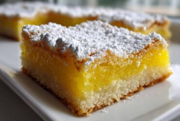 A close-up shot of one of the tantalizing lemon bars, featuring a thick, bright yellow filling and a shortbread crust, dusted heavily with powdered sugar.
