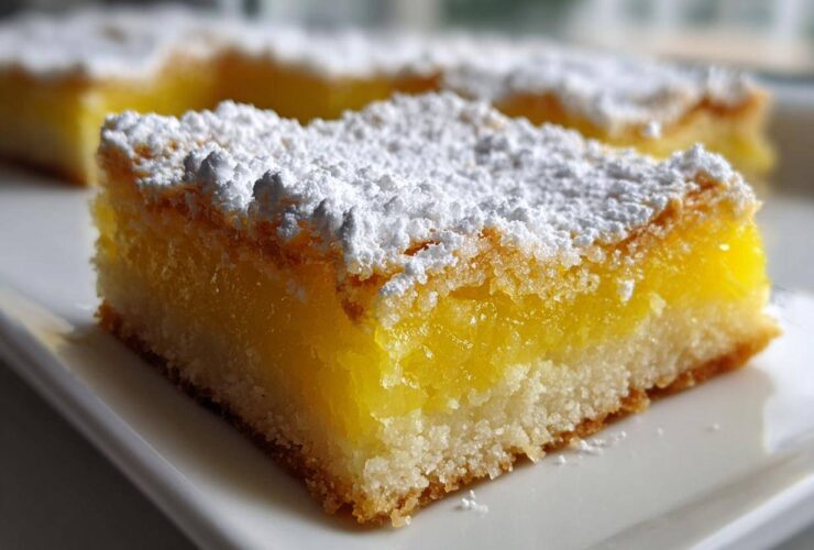 A close-up shot of one of the tantalizing lemon bars, featuring a thick, bright yellow filling and a shortbread crust, dusted heavily with powdered sugar.