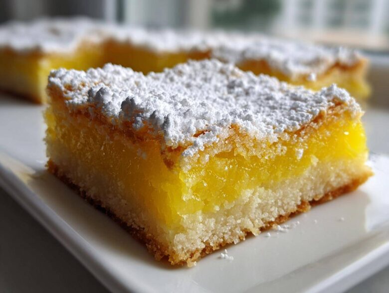 A close-up shot of one of the tantalizing lemon bars, featuring a thick, bright yellow filling and a shortbread crust, dusted heavily with powdered sugar.