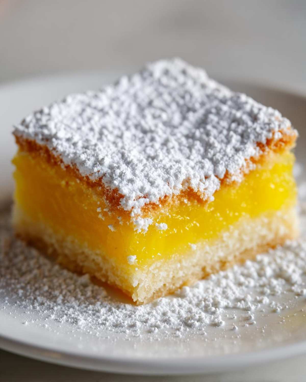 Close-up of a single, bright yellow Tantalizing Lemon Bars square dusted heavily with white powdered sugar on a white plate.