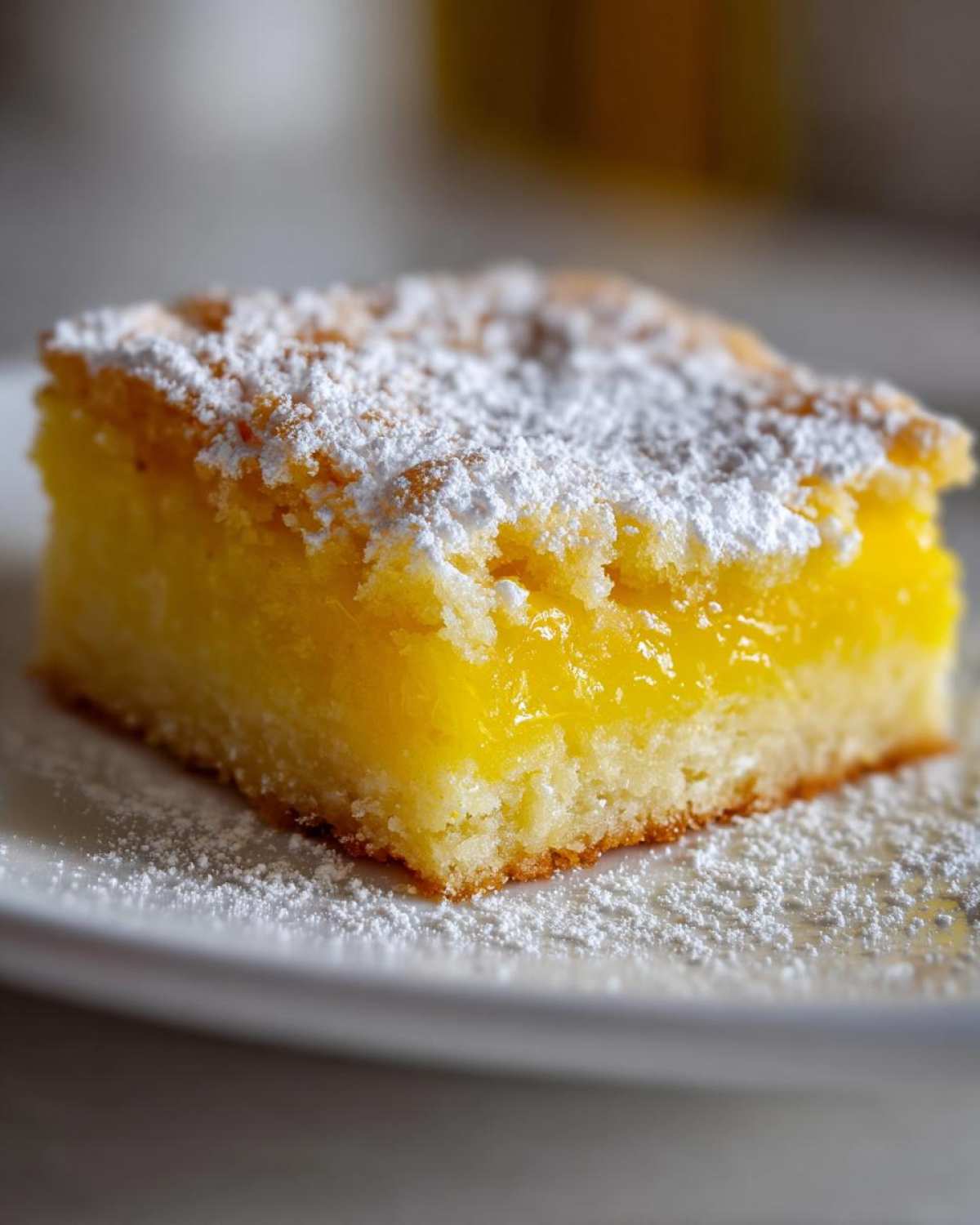 A close-up shot of a single, square slice of Tantalizing Lemon Bars, featuring a bright yellow filling and a dusting of white powdered sugar.
