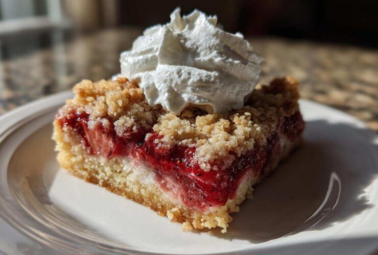 A single serving of Tasty Strawberry Shortcake Streusel Bars topped with a dollop of whipped cream on a white plate.