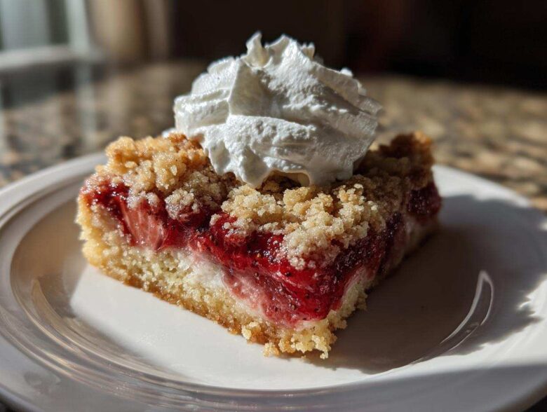A single serving of Tasty Strawberry Shortcake Streusel Bars topped with a dollop of whipped cream on a white plate.