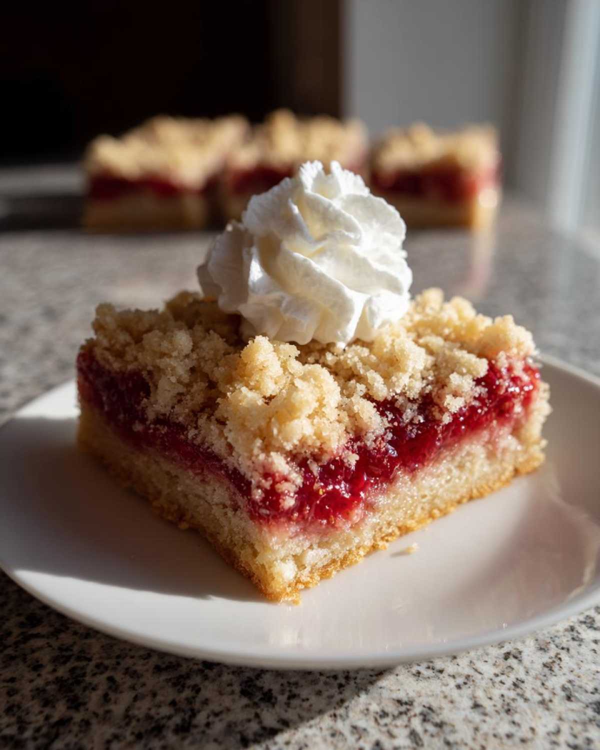 A single square of Tasty Strawberry Shortcake Streusel Bars topped with whipped cream, served on a white plate.