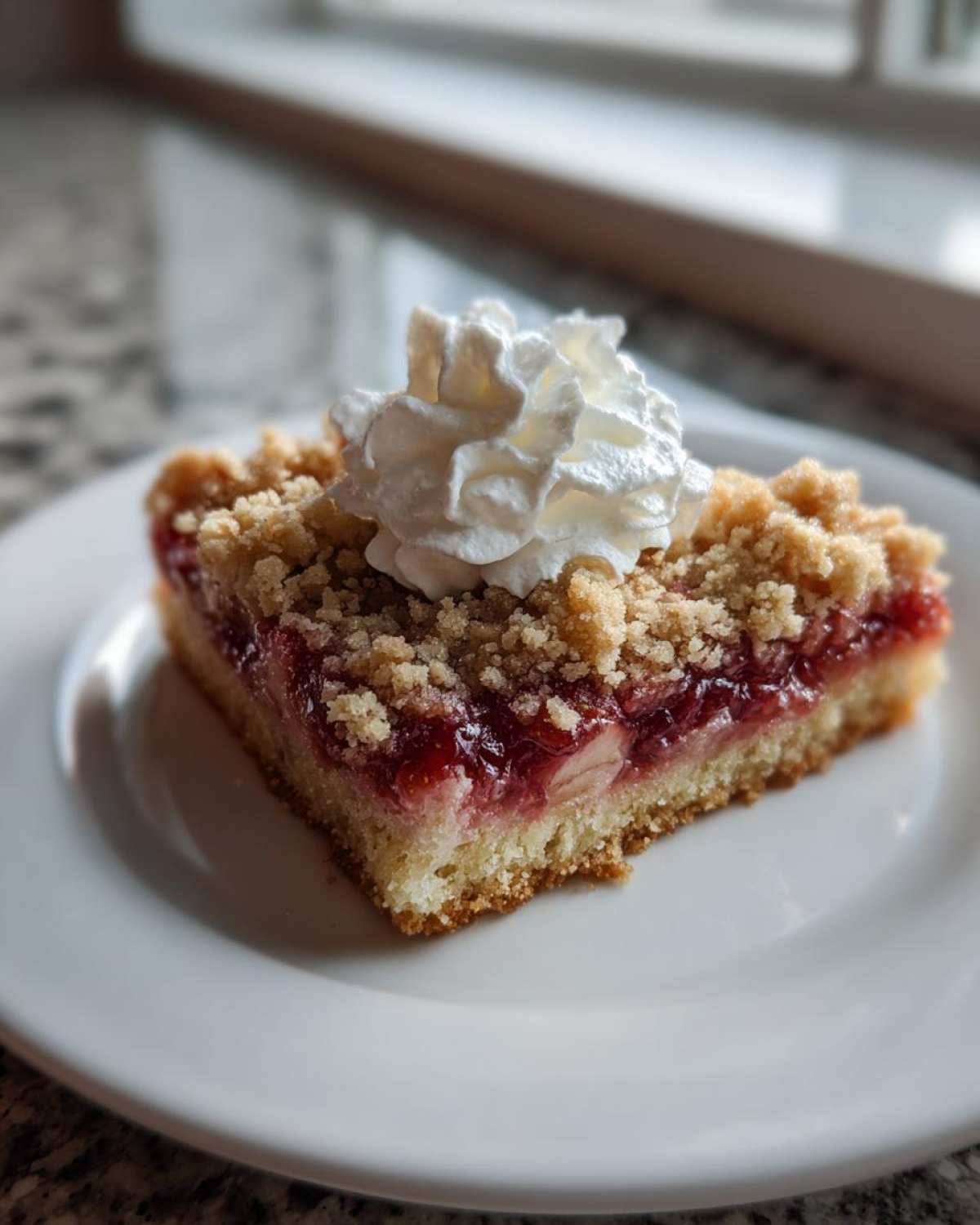 A single serving of Tasty Strawberry Shortcake Streusel Bars topped with whipped cream on a white plate.
