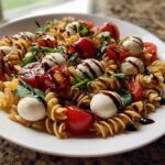 Close-up of a white plate filled with Caprese Pasta Salad featuring fusilli, cherry tomatoes, mozzarella balls, and balsamic drizzle.
