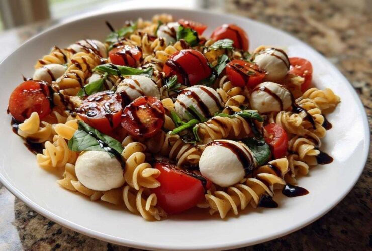 Close-up of a white plate filled with Caprese Pasta Salad featuring fusilli, cherry tomatoes, mozzarella balls, and balsamic drizzle.